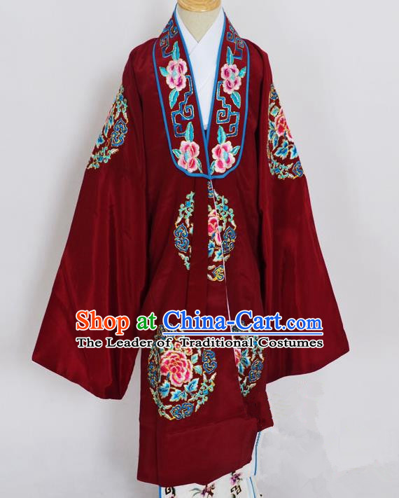Traditional Chinese Professional Peking Opera Young Lady Costume Wine Red Embroidery Mantel, China Beijing Opera Diva Hua Tan Embroidered Dress Clothing