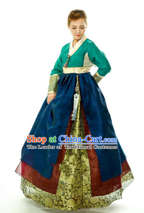 Traditional South Korean Handmade Embroidery Hanbok Peacock Green Full Dress, Top Grade Korea Mother Hanbok Costume Complete Set for Women