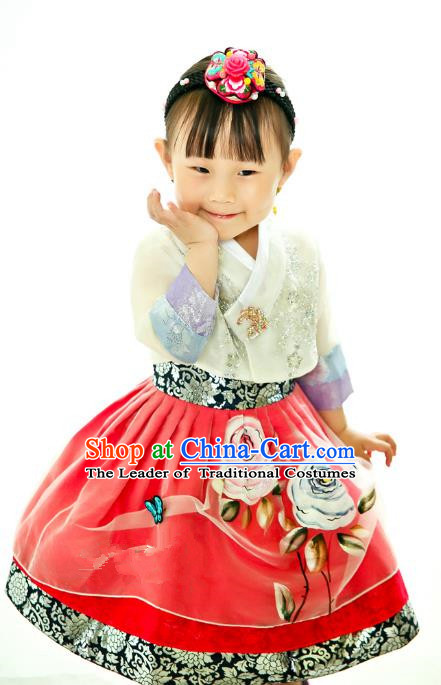 Traditional South Korean Handmade Printing Hanbok Children Birthday Princess Red Full Dress, Top Grade Korea Hanbok Costume Complete Set for Kids