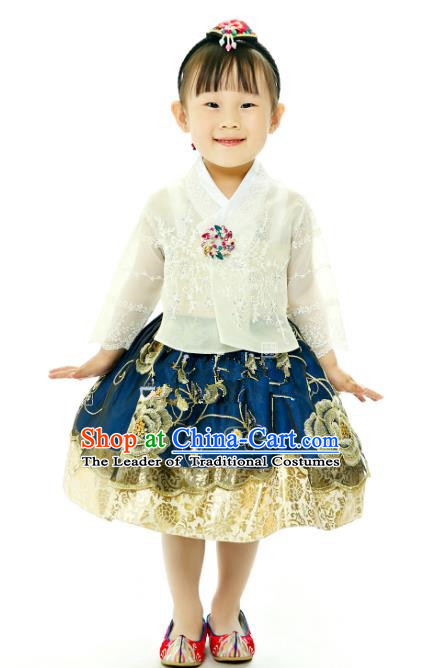 Traditional South Korean Handmade Printing Hanbok Children Birthday Princess Blue Full Dress, Top Grade Korea Hanbok Costume Complete Set for Kids