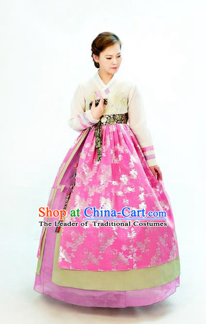 Traditional South Korean Handmade Hanbok Embroidery Bride Wedding Pink Satin Dress, Top Grade Korea Hanbok Costume Complete Set for Women