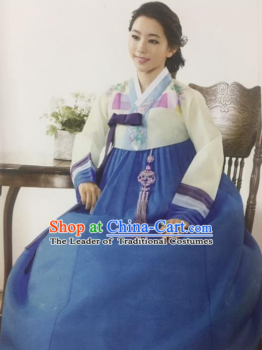 Traditional South Korean Handmade Bride Hanbok Customization Clothing Embroidery Blue Dress, Top Grade Korea Wedding Royal Hanbok Costume for Women