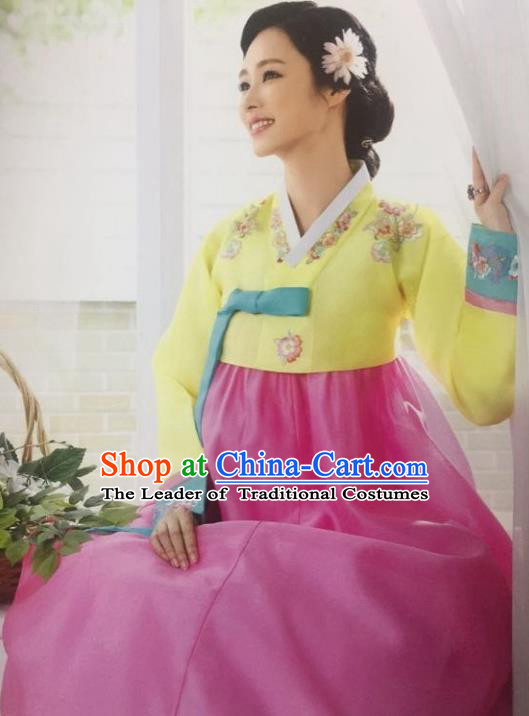 Traditional South Korean Handmade Hanbok Customization Mother Clothing Embroidery Blouse Pink Dress, Top Grade Korea Wedding Royal Hanbok Costume for Women
