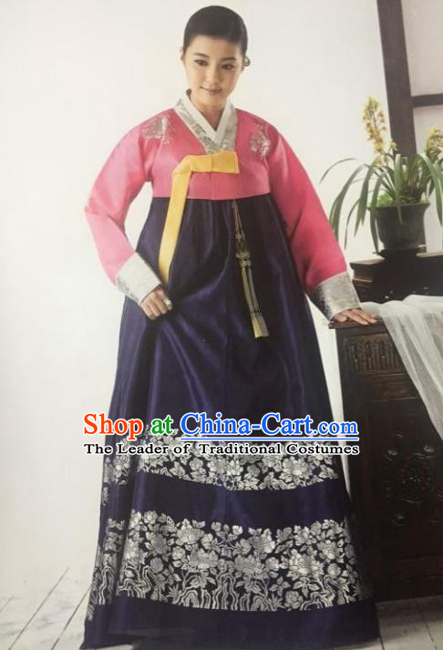 Traditional South Korean Handmade Hanbok Customization Mother Clothing Embroidery Blouse Royalblue Dress, Top Grade Korea Wedding Royal Hanbok Costume for Women