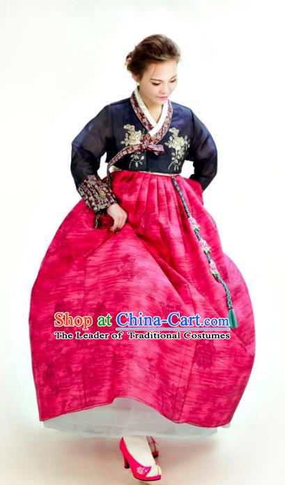 Traditional South Korean Handmade Hanbok Customization Bride Clothing Embroidery Blouse Printing Dress, Top Grade Korea Wedding Royal Hanbok Costume for Women
