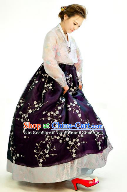 Traditional South Korean Handmade Hanbok Customization Mother Clothing Embroidery Blouse Purple Dress, Top Grade Korea Wedding Royal Hanbok Costume for Women