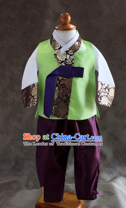 Traditional South Korean Handmade Hanbok Children Baby Birthday Customization Green Clothing, Top Grade Korea Hanbok Costume Complete Set for Boys