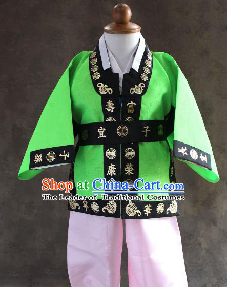 Traditional South Korean Handmade Hanbok Children Baby Birthday Customization Green Uniform and Embroidery Belt, Top Grade Korea Hanbok Costume Complete Set for Boys