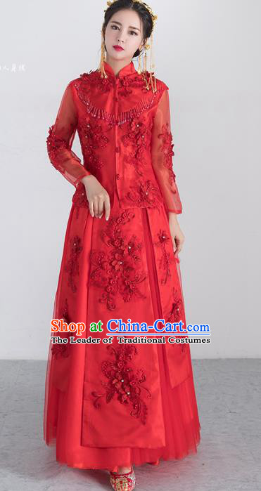 Traditional Ancient Chinese Wedding Costume Handmade XiuHe Suits Embroidery Bride Toast Red Cheongsam Dress, Chinese Style Hanfu Wedding Clothing for Women