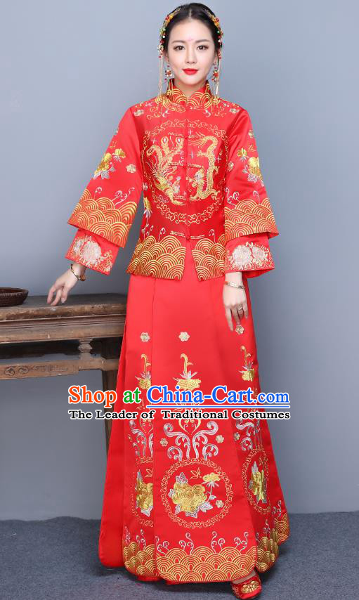 Traditional Ancient Chinese Wedding Costume Handmade XiuHe Suits Embroidery Longfeng Gown Bride Toast Long Sleeve Cheongsam Dress, Chinese Style Hanfu Wedding Clothing for Women