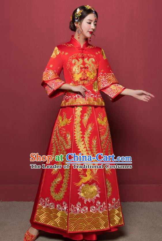 Traditional Ancient Chinese Wedding Costume Handmade XiuHe Suits Embroidery Phoenix Dress Bride Toast Plated Buttons Cheongsam, Chinese Style Hanfu Wedding Clothing for Women
