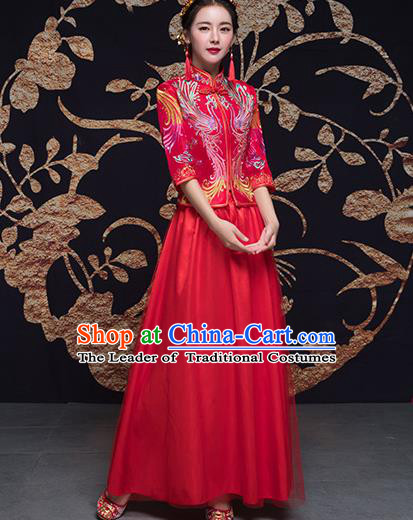 Traditional Ancient Chinese Wedding Costume Handmade Embroidery Satin Bottom Drawer Xiuhe Suits, Chinese Style Wedding Dress Red Dragon and Phoenix Flown Bride Toast Cheongsam for Women