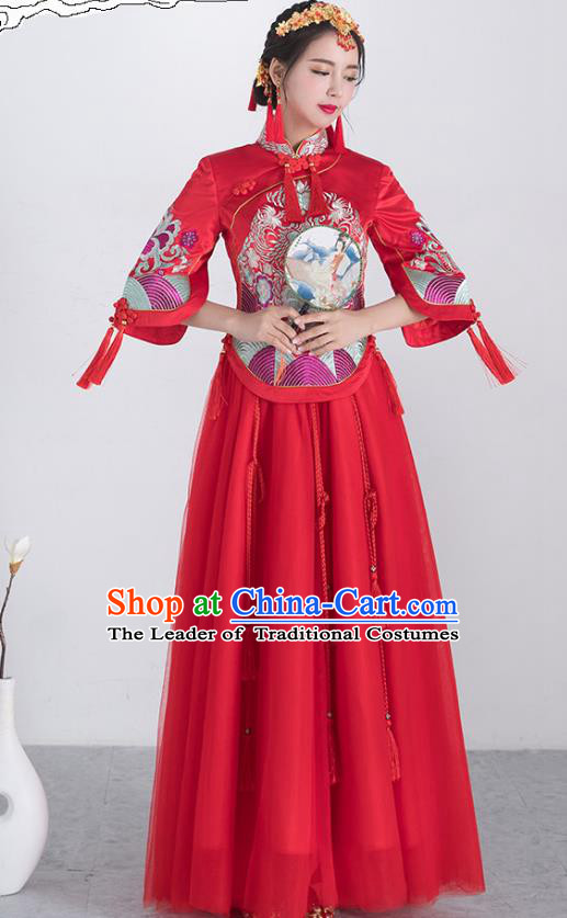 Traditional Ancient Chinese Wedding Costume Handmade Embroidery Bottom Drawer Xiuhe Suits, Chinese Style Wedding Dress Red Flown Bride Toast Cheongsam for Women