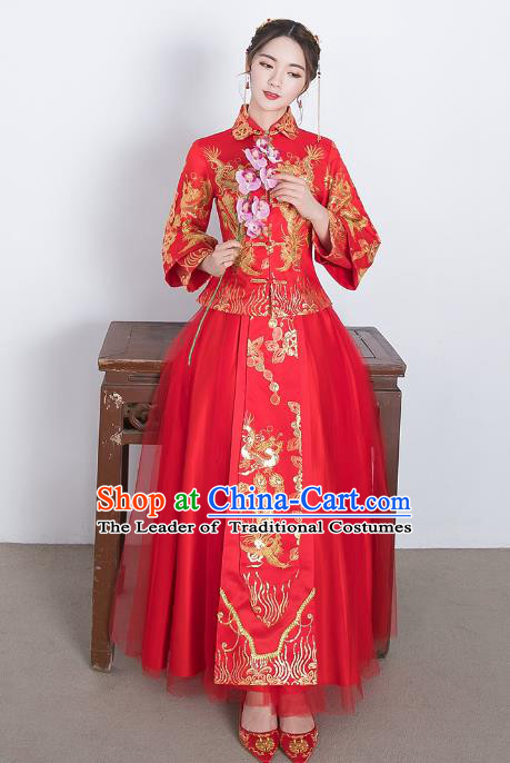 Traditional Ancient Chinese Wedding Costume Handmade Delicacy Embroidery Lace Dress Xiuhe Suits, Chinese Style Wedding Dress Red Flown Bride Toast Cheongsam for Women