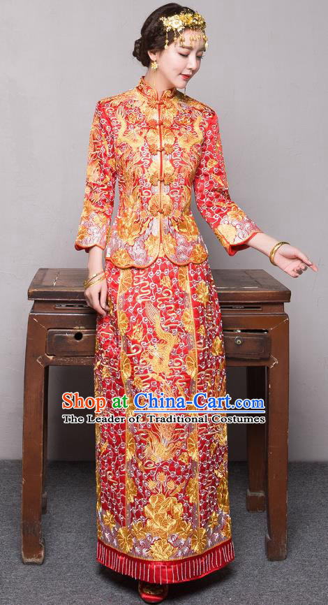 Traditional Ancient Chinese Wedding Costume Handmade Delicacy Embroidery Longfeng Flown XiuHe Suits, Chinese Style Wedding Dress Bride Toast Cheongsam for Women