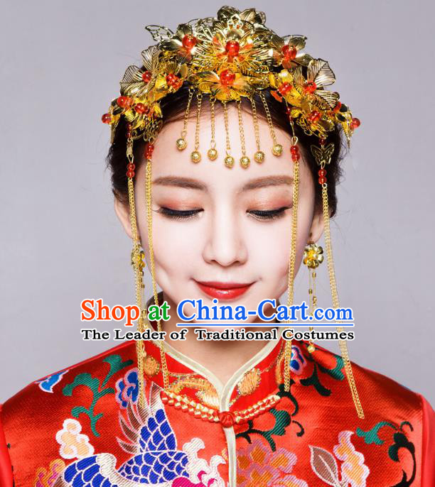 Traditional Handmade Chinese Ancient Classical Hair Accessories Bride Wedding Barrettes Hair Sticks, Xiuhe Suit Hair Jewellery Hair Fascinators Hairpins for Women