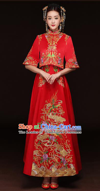 Traditional Ancient Chinese Wedding Costume Handmade Delicacy Embroidery Longfeng Xiuhe Suits, Chinese Style Wedding Dress Flown Bride Toast Cheongsam for Women