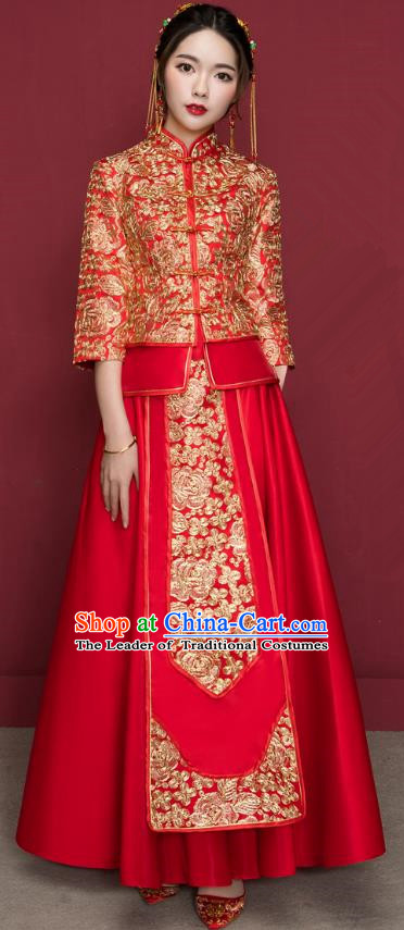 Traditional Ancient Chinese Wedding Costume Handmade Delicacy Embroidery XiuHe Suits, Chinese Style Wedding Dress Flown Bride Toast Cheongsam for Women