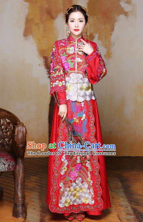 Traditional Ancient Chinese Wedding Costume Handmade Delicacy Colorful Embroidery Phoenix Peony Red XiuHe Suits, Chinese Style Hanfu Wedding Bride Toast Cheongsam for Women