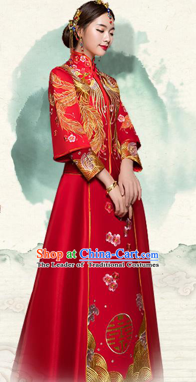 Traditional Ancient Chinese Wedding Costume Handmade Delicacy Embroidery Phoenix Long Sleeve XiuHe Suits, Chinese Style Hanfu Wedding Bride Toast Cheongsam for Women