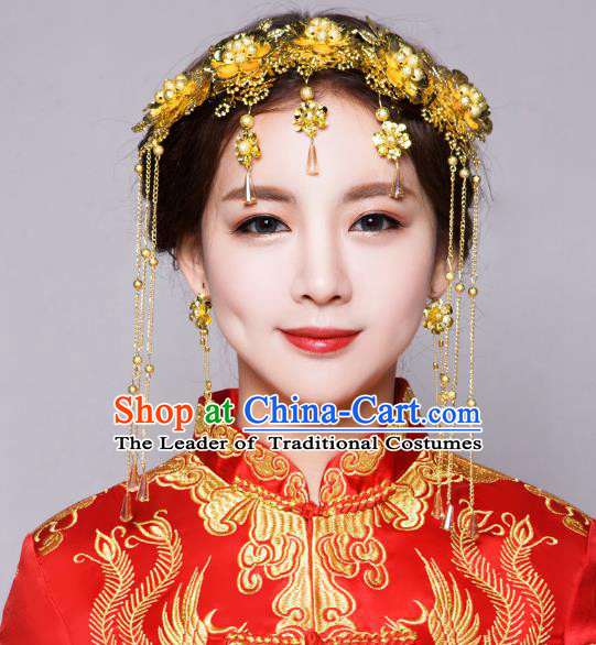 Traditional Handmade Chinese Ancient Classical Hair Accessories Bride Wedding Golden Flowers Hair Clasp Phoenix Coronet, Xiuhe Suit Hair Jewellery Hair Fascinators Hairpins for Women
