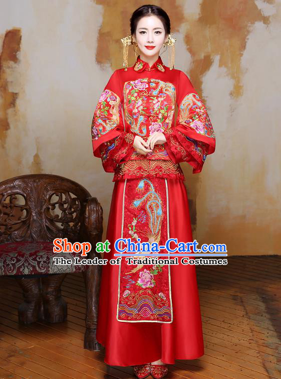 Traditional Ancient Chinese Wedding Costume Handmade Delicacy XiuHe Suits Embroidery Phoenix Bottom Drawer, Chinese Style Hanfu Wedding Bride Hanfu Clothing for Women