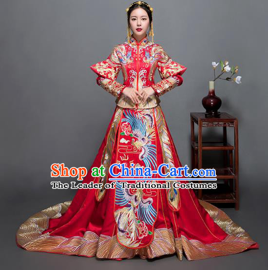 Traditional Ancient Chinese Wedding Costume Handmade Delicacy XiuHe Suits Embroidery Phoenix Palace Trailing Bottom Drawer Cheongsam Dress, Chinese Style Hanfu Wedding Bride Hanfu Clothing for Women