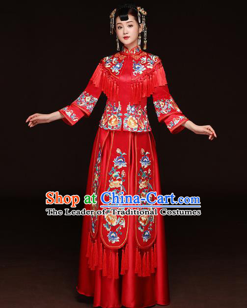 Traditional Ancient Chinese Wedding Costume Handmade Delicacy XiuHe Suits Embroidery Peony Palace Trailing Bottom Drawer Cheongsam Dress, Chinese Style Hanfu Wedding Bride Hanfu Clothing for Women