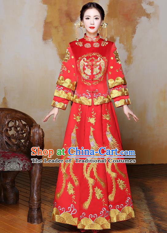 Traditional Ancient Chinese Wedding Costume Handmade XiuHe Suits Embroidery Phoenix Bride Toast Cheongsam Dress, Chinese Style Hanfu Wedding Clothing for Women
