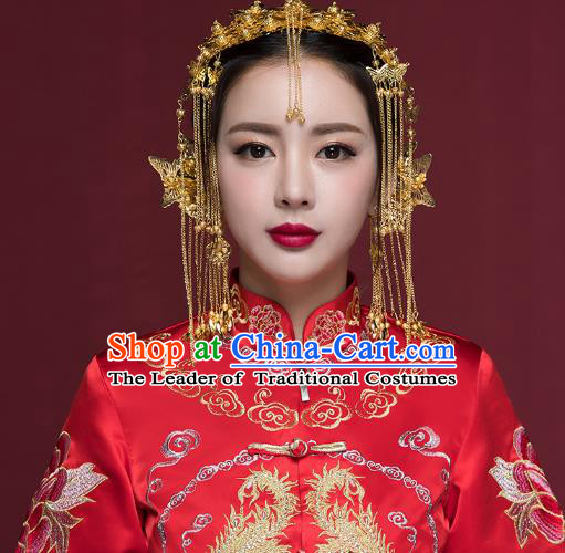 Traditional Handmade Chinese Ancient Classical Hair Accessories Bride Wedding Hair Clasp Phoenix Coronet, Xiuhe Suit Hair Jewellery Hair Fascinators Hairpins for Women