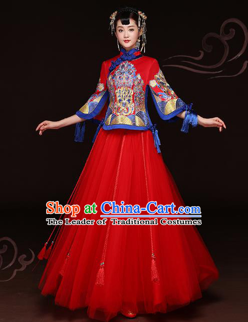 Traditional Ancient Chinese Wedding Costume Handmade Delicacy Embroidery XiuHe Suits Red Bottom Drawer, Chinese Style Hanfu Wedding Bride Toast Cheongsam for Women