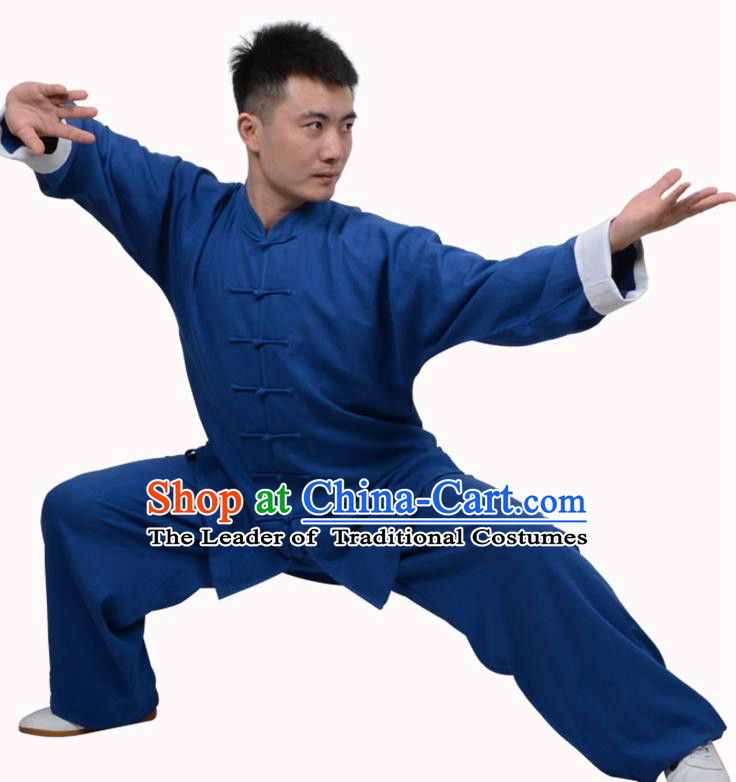 Top Martial Arts Costume Kung Fu Training Clothing, Tai Ji Plated Buttons Blue Uniform Gongfu Wushu Costume  for Women for Men