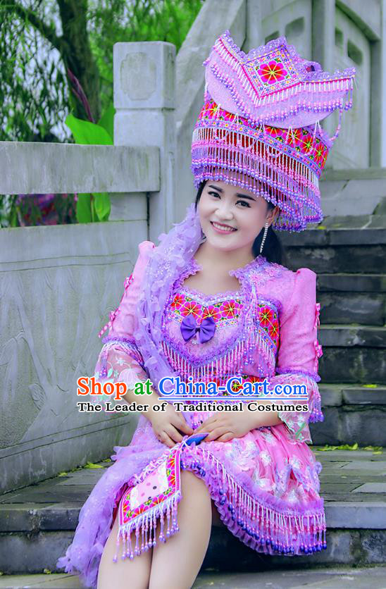 Traditional Chinese Miao Nationality Costume and Hat, Hmong Folk Dance Ethnic Purple Pleated Skirt, Chinese Minority Nationality Embroidery Clothing and Headwear for Women