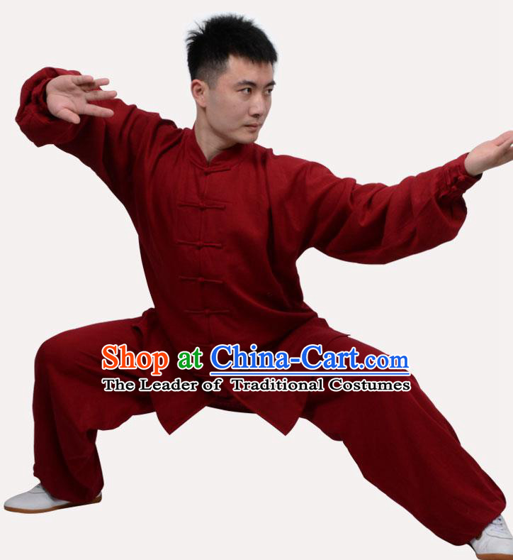 Top Grade Linen Martial Arts Costume Kung Fu Training Clothing, Tai Ji Wine Red Uniform Gongfu Wushu Costume for Women for Men