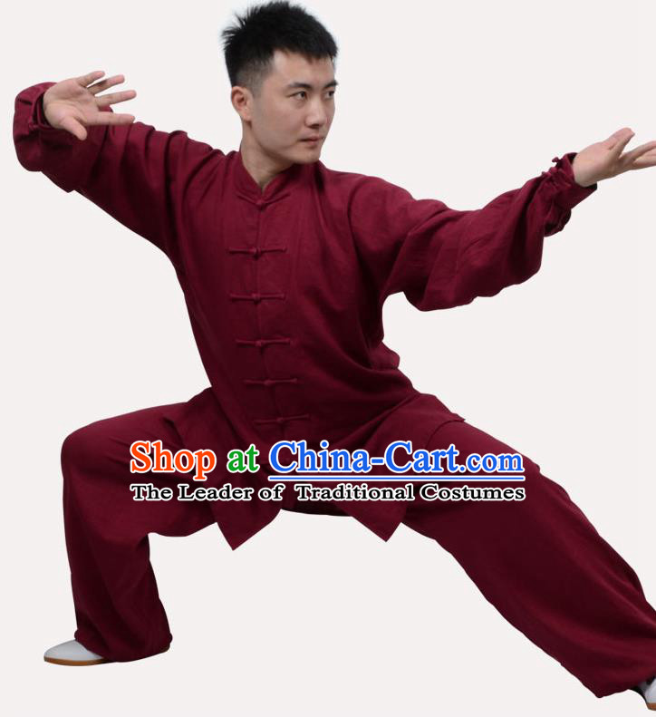 Top Grade Linen Martial Arts Costume Kung Fu Training Clothing, Tai Ji Dark Red Uniform Gongfu Wushu Costume for Women for Men