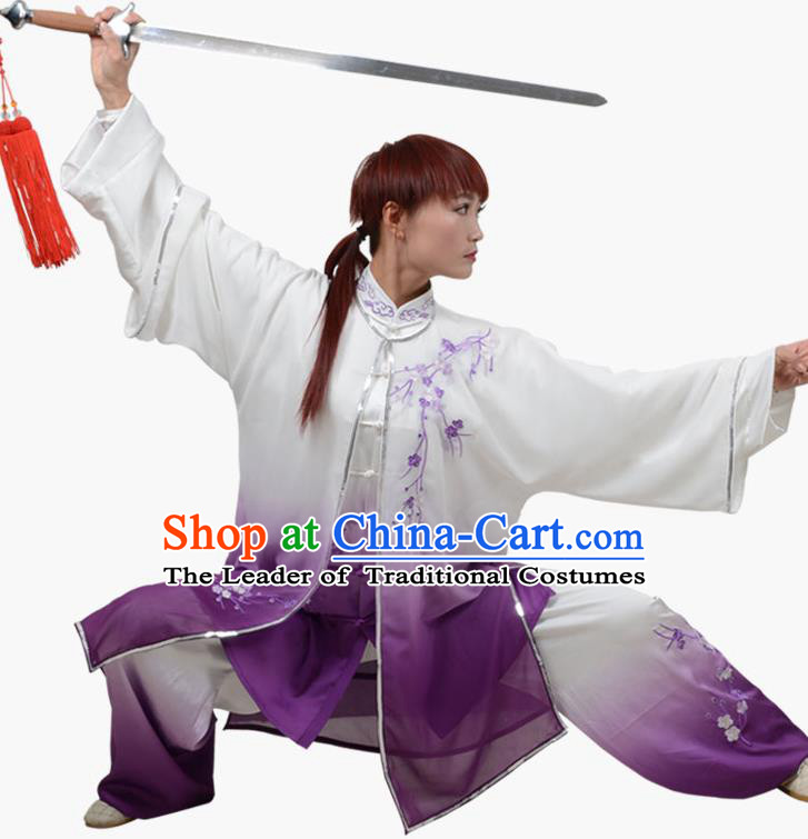 Top Grade Linen Martial Arts Costume Kung Fu Training Embroidered Plum Blossom Clothing, Tai Ji Southern Fist Purple Three-piece Uniform Gongfu Wushu Costume for Women for Men