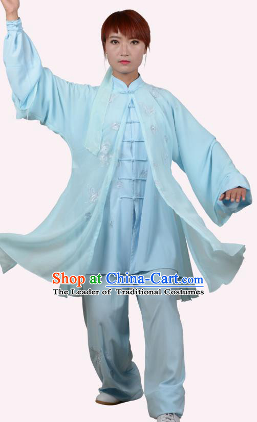 Top Grade Linen Martial Arts Costume Kung Fu Training Embroidery Plated Buttons Clothing, Tai Ji Blue Uniform Gongfu Wushu Costume for Women for Men