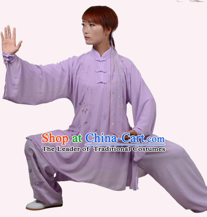 Top Grade Martial Arts Costume Kung Fu Training Embroidery Plated Buttons Purple Clothing, Tai Ji Uniform Gongfu Wushu Costume for Women for Men