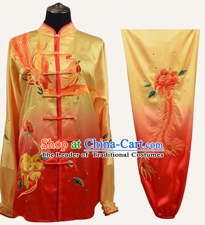Top Grade Martial Arts Costume Kung Fu Training Embroidery Phoenix Plated Buttons Yellow Clothing, Tai Ji Uniform Gongfu Wushu Costume for Women