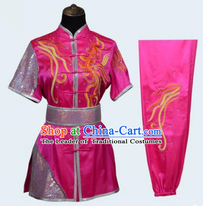 Top Grade Linen Martial Arts Costume Kung Fu Training Long Fist Clothing, Tai Ji Rosy Embroidery Uniform Gongfu Wushu Costume for Women for Men