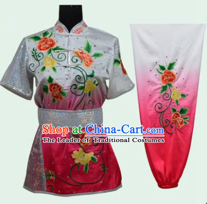 Top Grade Martial Arts Costume Kung Fu Training Long Fist Clothing, Tai Ji Embroidery Peony Pink Uniform Gongfu Wushu Costume for Women for Men