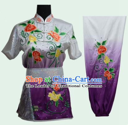 Top Grade Martial Arts Costume Kung Fu Training Long Fist Clothing, Tai Ji Embroidery Peony Purple Uniform Gongfu Wushu Costume for Women