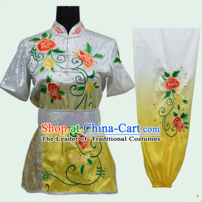 Top Grade Martial Arts Costume Kung Fu Training Long Fist Clothing, Tai Ji Embroidery Peony Yellow Uniform Gongfu Wushu Costume for Women