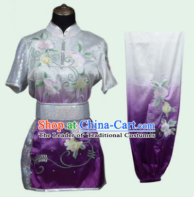 Top Grade Martial Arts Costume Kung Fu Training Long Fist Clothing, Tai Ji Embroidery Peony Deep Purple Uniform Gongfu Wushu Costume for Women