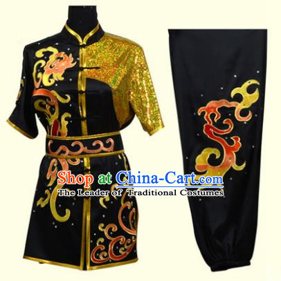 Top Grade Martial Arts Costume Kung Fu Training Clothing, Tai Ji Embroidery Long Fist Black Uniform Gongfu Wushu Costume for Women for Men