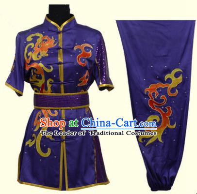 Top Grade Martial Arts Costume Kung Fu Training Clothing, Tai Ji Embroidery Long Fist Purple Uniform Gongfu Wushu Costume for Women for Men
