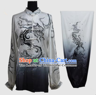 Top Grade Martial Arts Costume Kung Fu Training Gradient Black Clothing, Tai Ji Embroidery Dragon Long Fist Uniform Gongfu Wushu Costume for Women for Men
