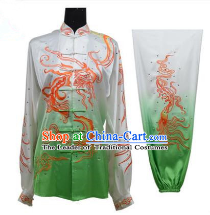 Top Grade Martial Arts Costume Kung Fu Training Gradient Green Clothing, Tai Ji Embroidery Dragon Long Fist Uniform Gongfu Wushu Costume for Women for Men