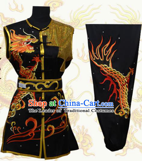 Top Grade Martial Arts Costume Kung Fu Training Black Clothing, Tai Ji Embroidery Long Fist Uniform Gongfu Wushu Costume for Women for Men