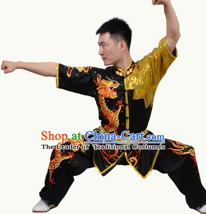 Top Grade Martial Arts Costume Kung Fu Training Short Sleeve Black Clothing, Tai Ji Embroidery Long Fist Uniform Gongfu Wushu Costume for Women for Men